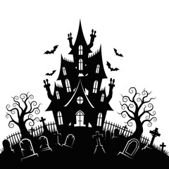 Vector art of silhouette of a spooky haunted house with gravestones and bats for halloween