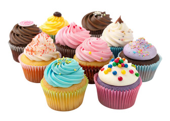 Assortment of colorful frosted cupcakes with sprinkles isolated on transparent background