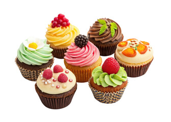 Assortment of delicious decorated cupcakes with colorful frosting and fruit toppings isolated on transparent background
