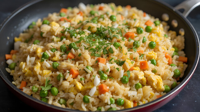 Colorful, textured fried rice fills a pan, perfect for food blogs or social media cooking content.