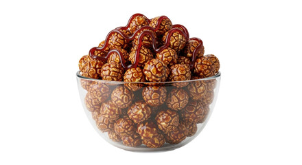 Isolated bowl of caramel popcorn balls with drizzle for movie snacks, sweet desserts