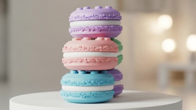 Stack of colorful toy macaroon pastries, playful and vibrant