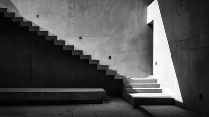 Stark architecture showcases a minimalist stairway and wall contrast in a modern building interior during daylight