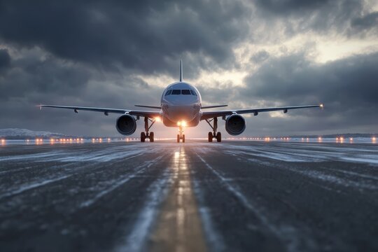 Modern airliner preparing for takeoff on a runway during a dramatic sunset with cloud coverage and illuminated lights