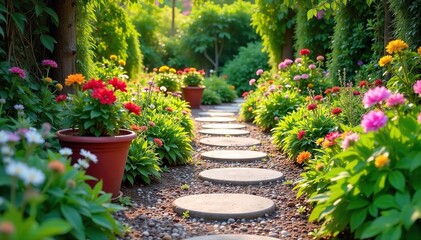 Naklejka premium A winding garden path adorned with colorful flower pots, charming stepping stones, and lush greenery, creating a picturesque and inviting walkway , garden lighting, spring, front yard