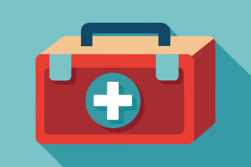 Obraz premium First aid kit with red and blue design on a light blue background and simple, clean lines