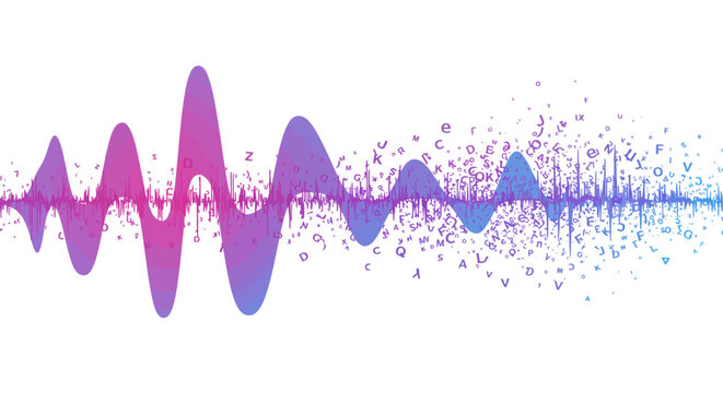 Abstract colorful sound wave with alphabet particles in gradient style