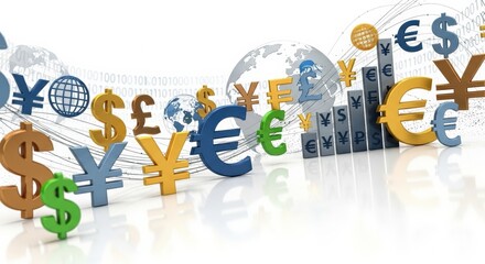 Global currency symbols and financial data visualization.