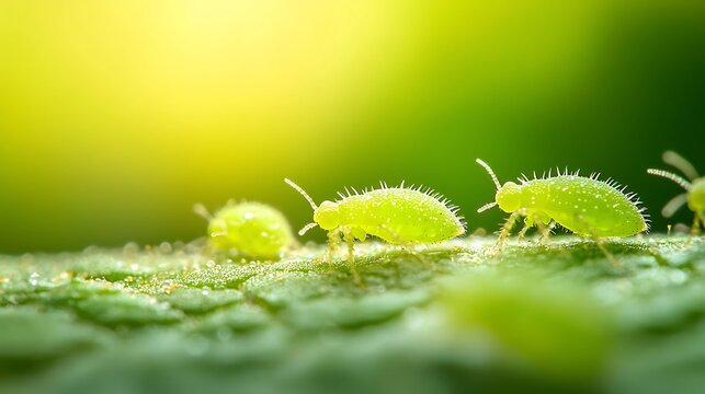 Tiny green springtails crawling on a leaf in sunlight