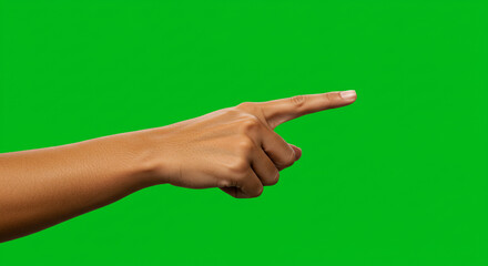 Confident hand pointing direction forward, signaling choice, guiding towards opportunity, isolated on green screen.