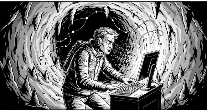 Cybernetic quest: intense gamer navigating a virtual sci-fi portal in black and white comic style