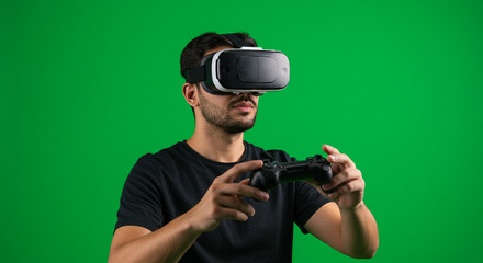 Immersive virtual reality gamer experiences thrilling adventure with controller in hand