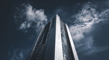 Modern skyscraper reaches into cloudy sky in urban setting during daytime