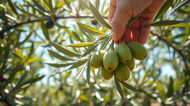 Hand holding a cluster of fresh green olives on a branch in an olive grove.