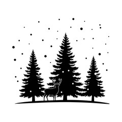 Obraz premium Vector art of silhouette of deer standing in forest with snow falling for winter holiday season