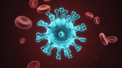 Microscopic view of a virus interacting with red blood cells in a digital illustration, showcasing cellular dynamics - Powered by Adobe