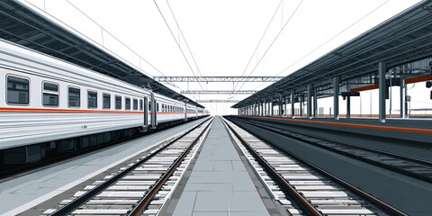 Obraz premium Train at Railway Station Platform with Perspective View of Tracks and Overhead Wires, Illustrating Transportation and Travel