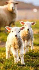 Two lambs running in a field