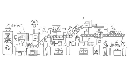Linear factory assembly line for eco-friendly packaging and recycling