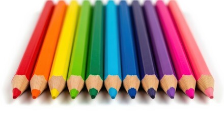 Fototapeta premium A vibrant row of sharpened colored pencils arranged in a rainbow spectrum on a white background.