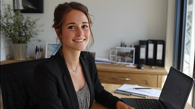 Young adult woman with light skin and dark wavy hair sits at a wooden desk in an office with a laptop and binders, smiling professionally in a photography style