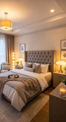 Cozy and Elegant Bedroom with Tufted Headboard, Ambient Lighting, and Neutral Tones for a Relaxing Modern Home Interior.