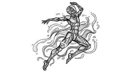 Fototapeta premium Futuristic human robot dancing in dynamic pose with fluid lines