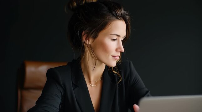 Business woman meditation with eyes closed on a chair in an office with a laptop