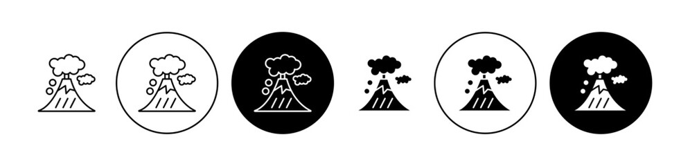 Volcano eruption icons set in black and blue colors on white background