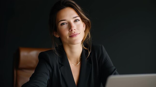 Young adult woman with medium skin and dark wavy hair wears a black blazer with a delicate necklace while sitting at a desk with a laptop in an office with a dark background and leather chair