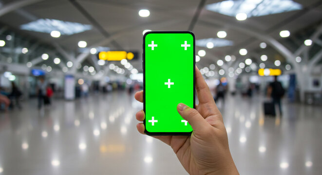 Person holding modern smartphone with green screen in busy airport terminal for travel planning - Powered by Adobe