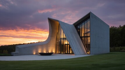 Fototapeta premium Modern architectural design of a concrete structure against a colorful sunset in a serene landscape