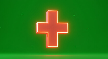 Fototapeta premium Vibrant neon plus sign glows brightly on a clean green background symbolizing health and positivity