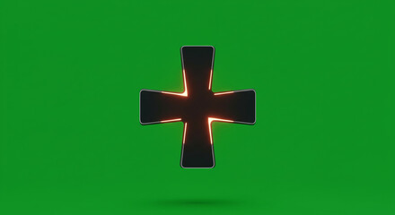 Obraz premium Modern glowing cross symbol with vibrant neon orange light on a clean green background