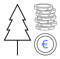 Outline of a tree paired with stacked coins and a single coin with Euro sign. Ideal for ecology, economy, investment, environment, savings, green finance, sustainability. Simple flat metaphor