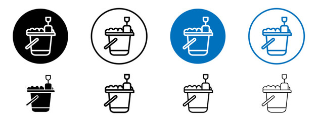 Sand bucket icons set in black and blue colors on white background