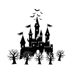 Obraz premium Vector art of silhouette of a spooky castle with bare trees and bats flying above, for halloween concept design