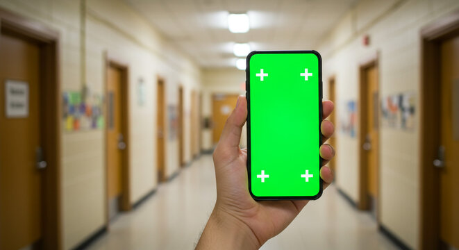 Hand holding green screen smartphone in school hallway, perfect for educational content creation and app demos