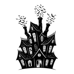 Vector art of spooky haunted house with bats flying out of the chimneys, halloween vector illustration