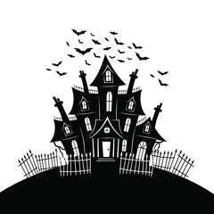 Vector art of spooky haunted house with bats flying out of the chimneys, halloween vector illustration