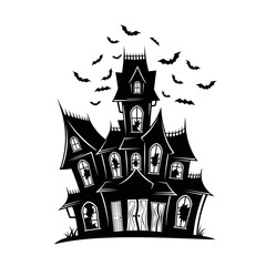 Vector art of silhouette of a spooky haunted house with bats flying around it
