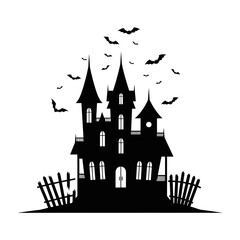 Vector art of eerie haunted house with bats flying around, a spooky and chilling scene perfect for halloween designs
