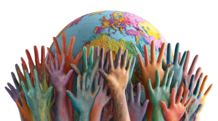 Colorful hands reaching toward a world map