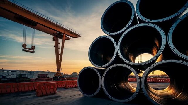 Stacked large hyperloop vacuum tube segments awaiting further welding and assembly industrial yard with cranes and safety barriers visible.