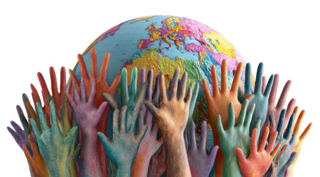 Colorful hands reaching toward a world map
