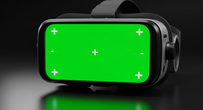 Immersive virtual reality headset with green screen display for futuristic digital content creation - Powered by Adobe