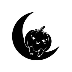Vector art of a cute pumpkin sitting on a crescent moon with stars in its eyes, dreaming of halloween