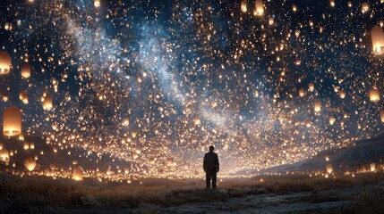 Solitary figure watches swarm of lit lanterns rise under a galaxy nightscape