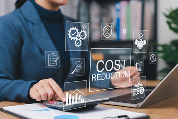 Business Cost Reduction Strategy Concept. Professionals use calculators and laptops with icons related to cost reduction, financial planning, efficiency, and data analytics. effective business,