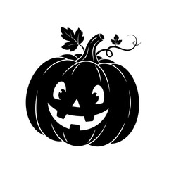 Vector art of a black silhouette of a smiling jackolantern pumpkin with leaves halloween holiday concept art